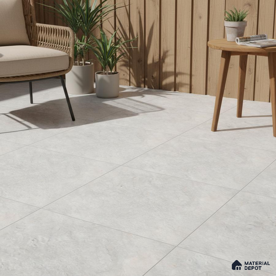 Scandinavian outdoor space with light grey stone-look floor tiles and natural wood cladding