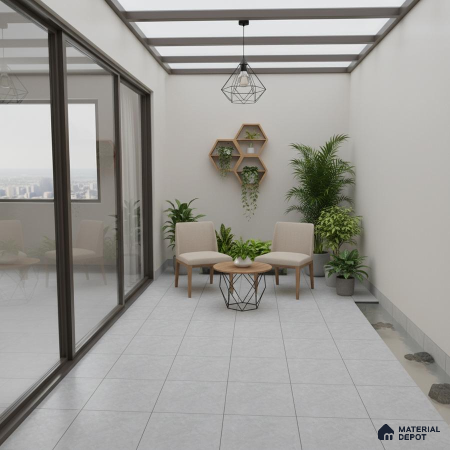 Minimalist balcony with light grey floor tiles and wooden accent furniture