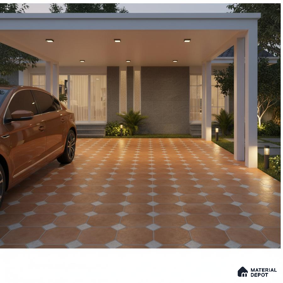 Modern parking with terracotta octagonal floor tiles and grey stone wall cladding