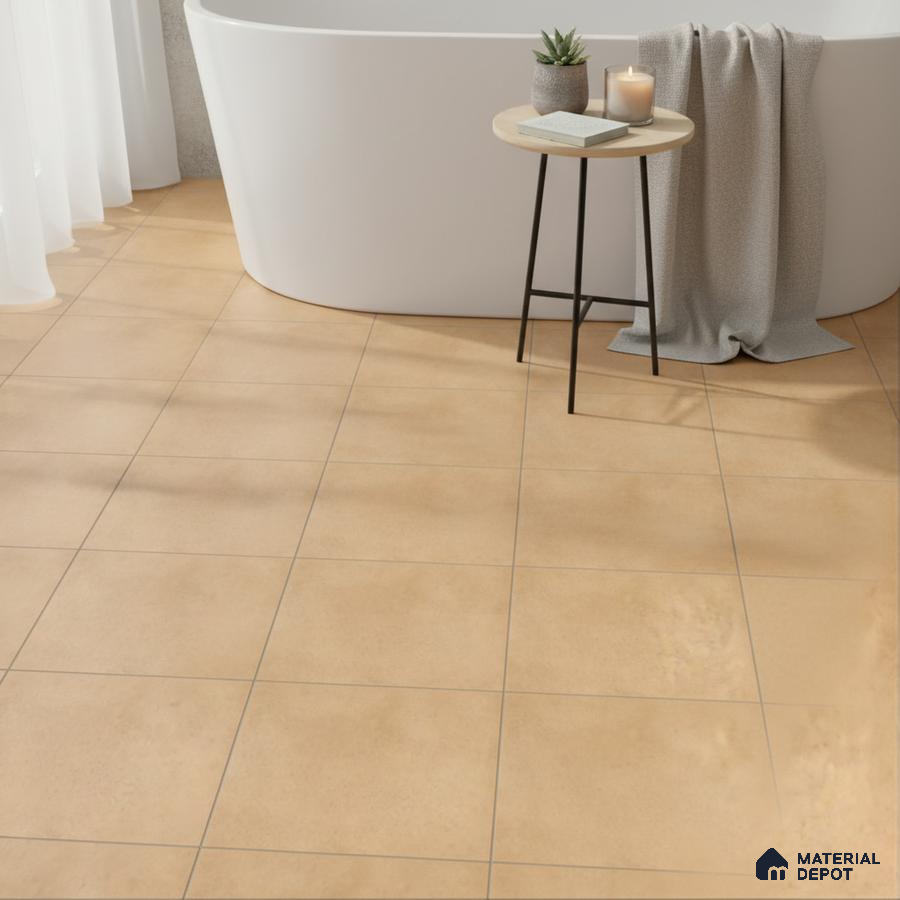 Minimalist bathroom with warm beige matte floor tiles and freestanding tub