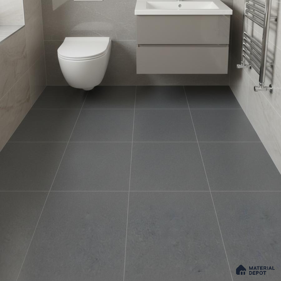 Minimalist bathroom with matte grey floor tiles and light beige wall tiles