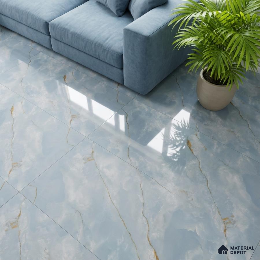 Modern living room with blue marble-look glossy floor tiles and pastel blue sofa