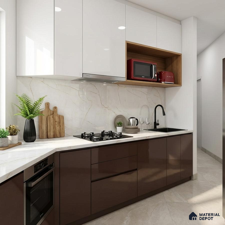 Modern kitchen with glossy white and brown laminate, marble-look backsplash, and white quartz countertop