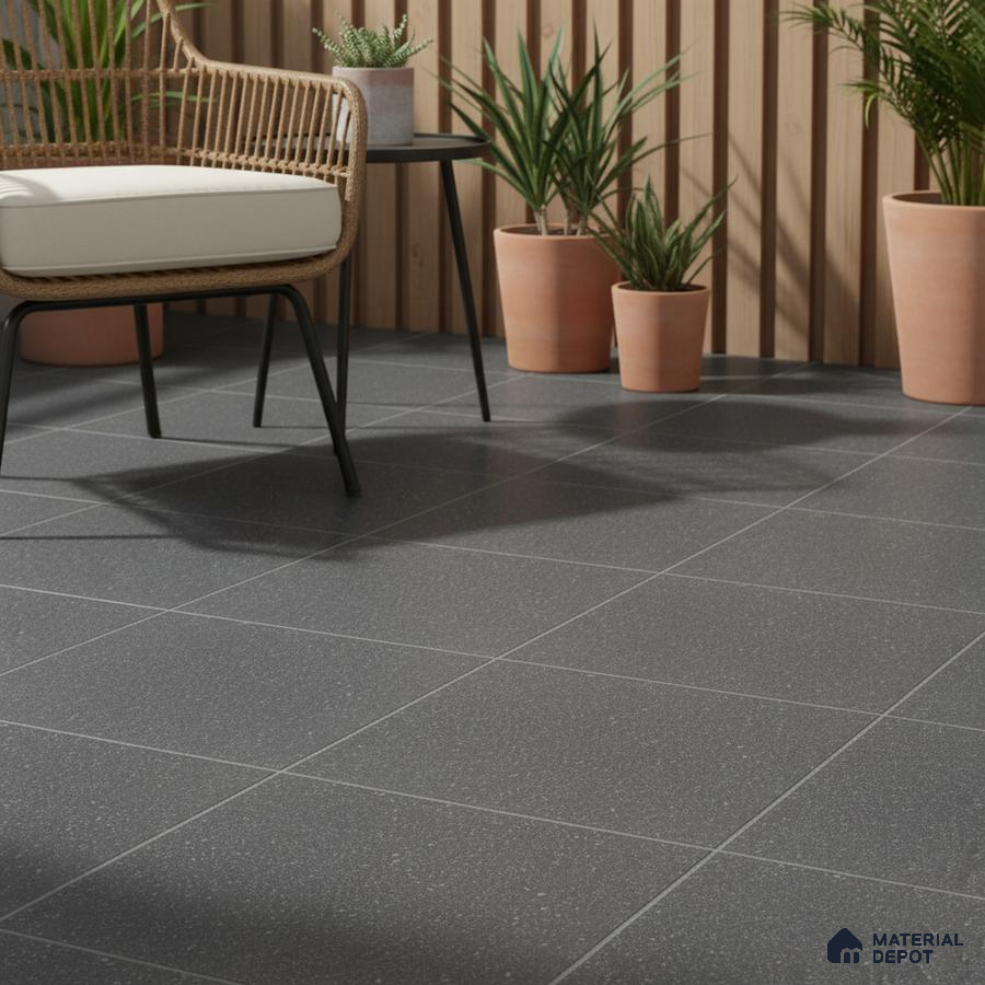 Scandinavian balcony with charcoal grey matte floor tiles and natural wood vertical louvers