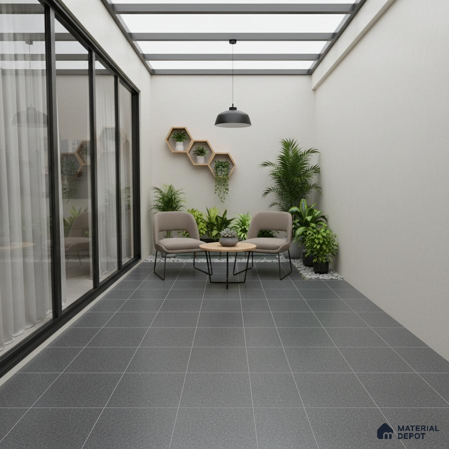 Minimalist balcony with charcoal grey floor tiles and beige painted walls