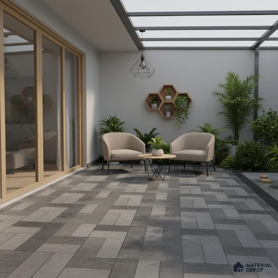 Modern outdoor patio with grey geometric floor tiles and wooden accents
