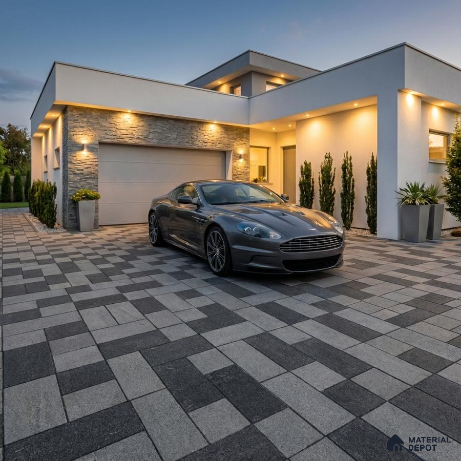 Modern parking with geometric grey paver tiles and stone cladding accent wall