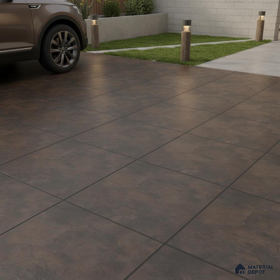 Modern parking with rustic brown anti-skid floor tiles and concrete block wall