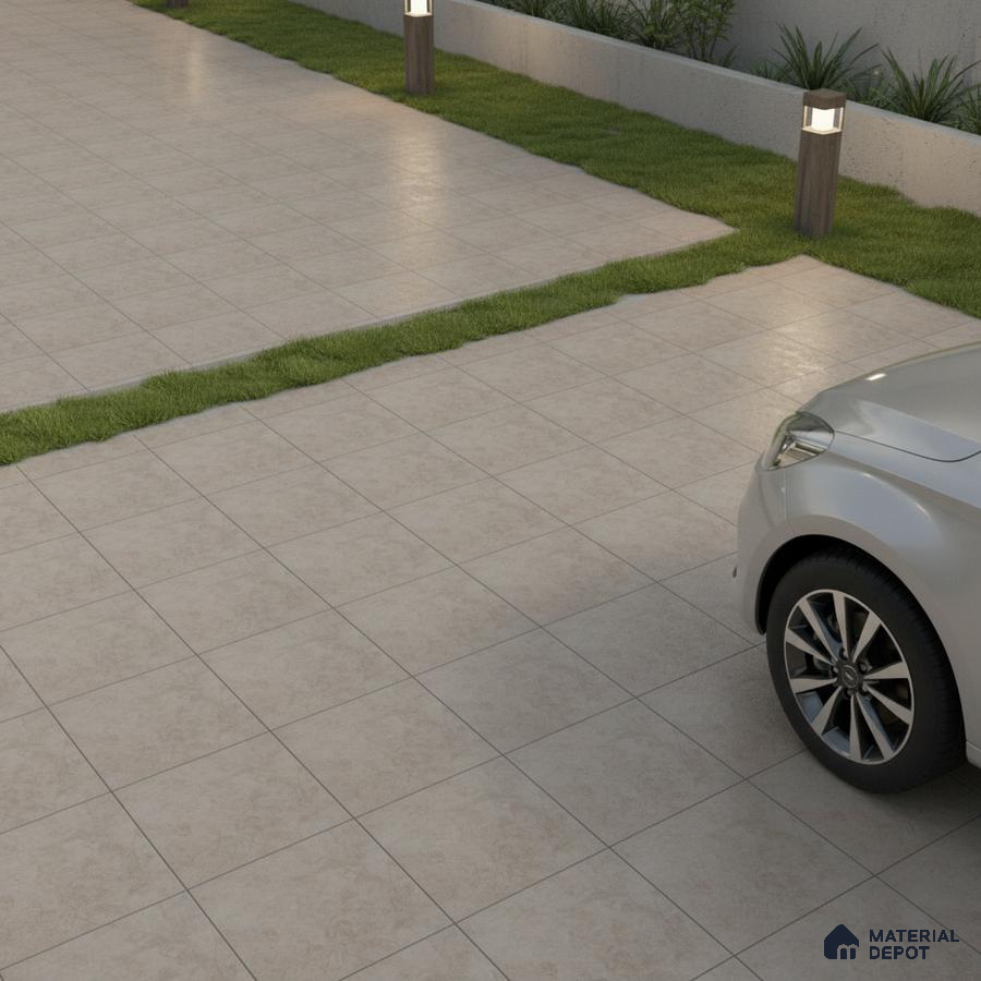 Modern parking area with beige stone-look outdoor floor tiles