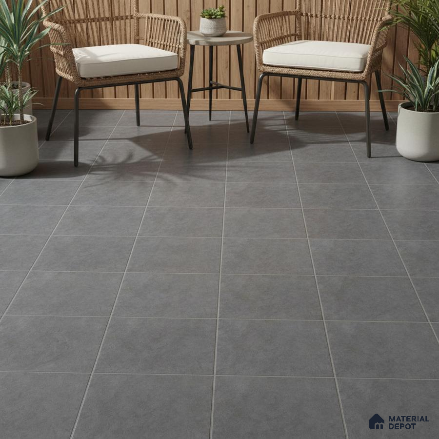 Scandinavian balcony with grey floor tiles and natural wood slat wall panels
