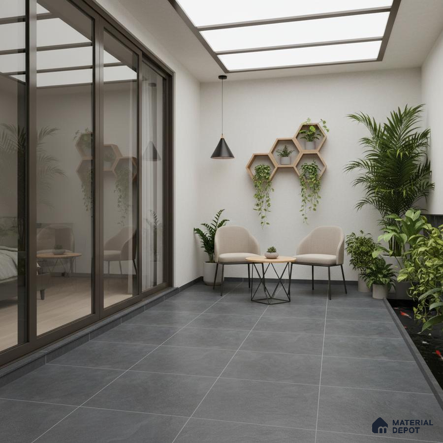 Minimalist balcony with charcoal grey floor tiles and indoor planters