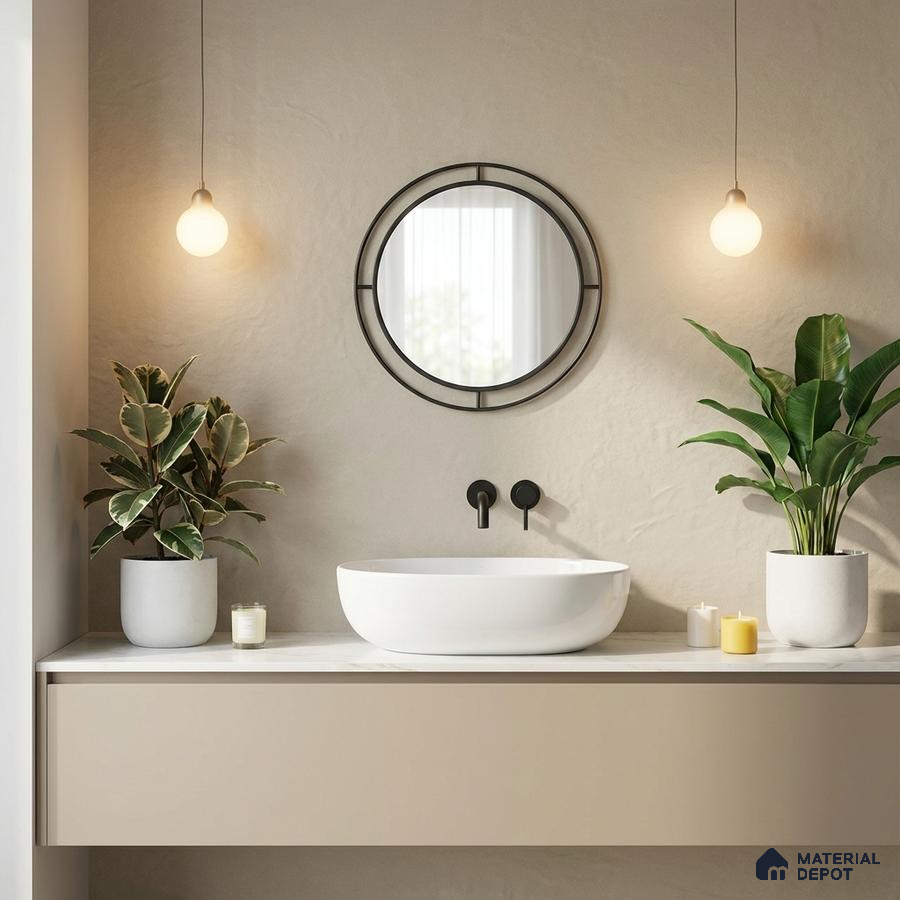 Minimalist bathroom with beige matte vanity, white countertop, and textured beige wall