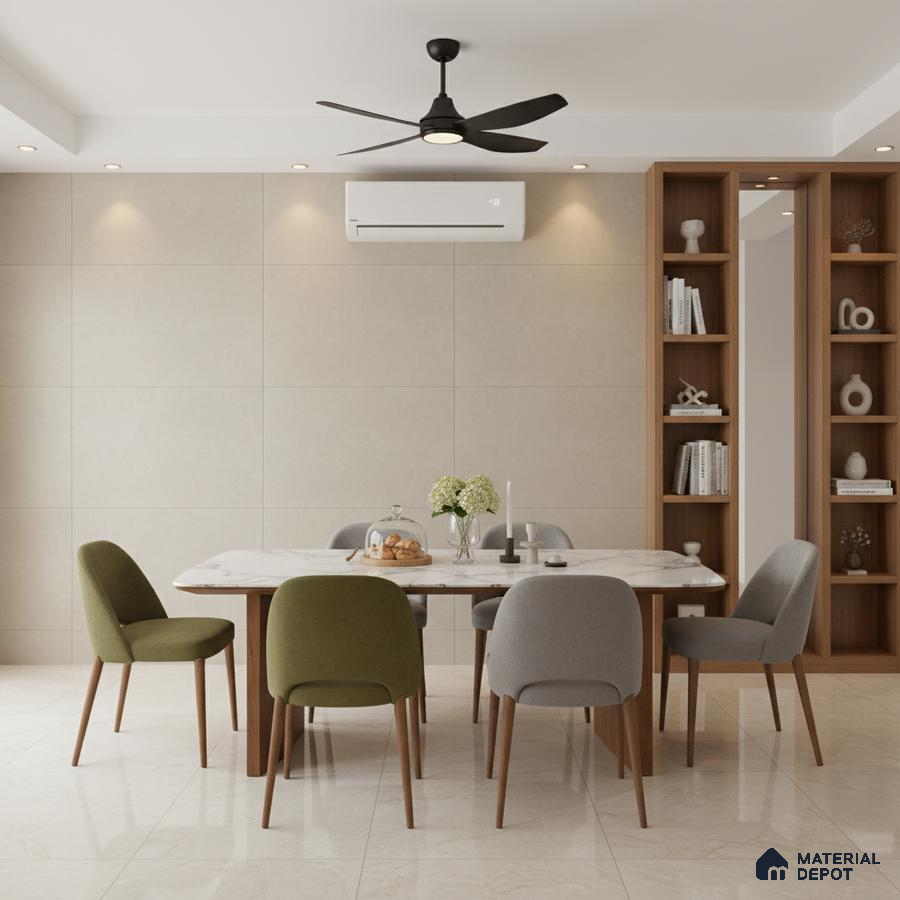 Scandinavian dining room with beige large format tiles, marble dining table, and wooden shelving
