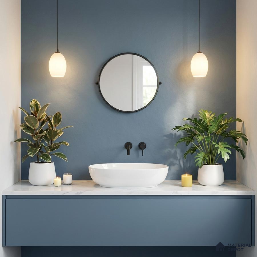 Minimalist bathroom with matte blue vanity, white marble countertop, and blue painted accent wall