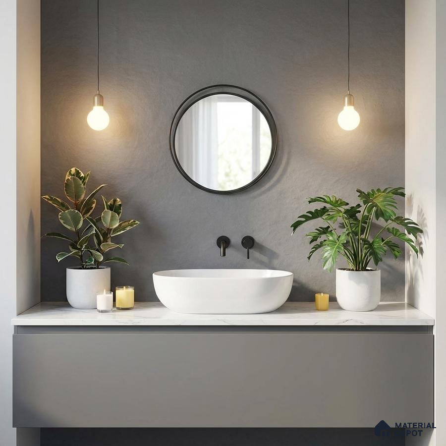 Minimalist bathroom with matte grey vanity, white marble countertop, and textured grey wall