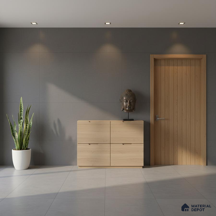 Minimalist foyer with light oak laminate console, grey matte wall panels, and large format light grey floor tiles