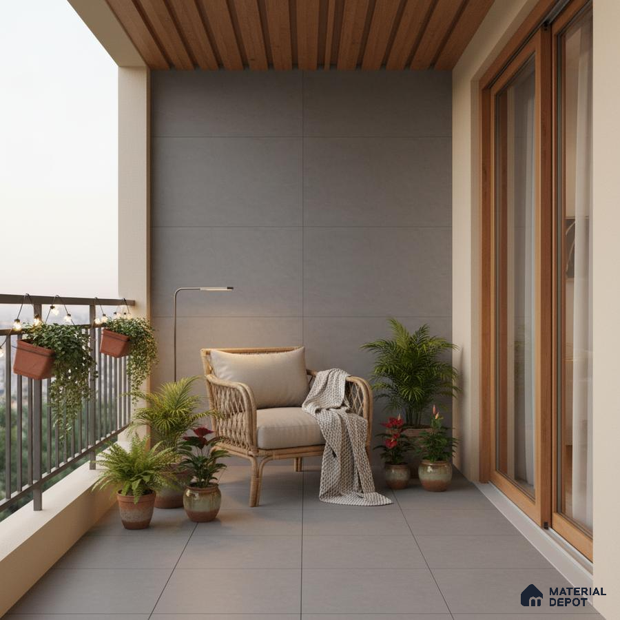 Scandinavian balcony with grey floor tiles, wood slat ceiling, and rattan chair