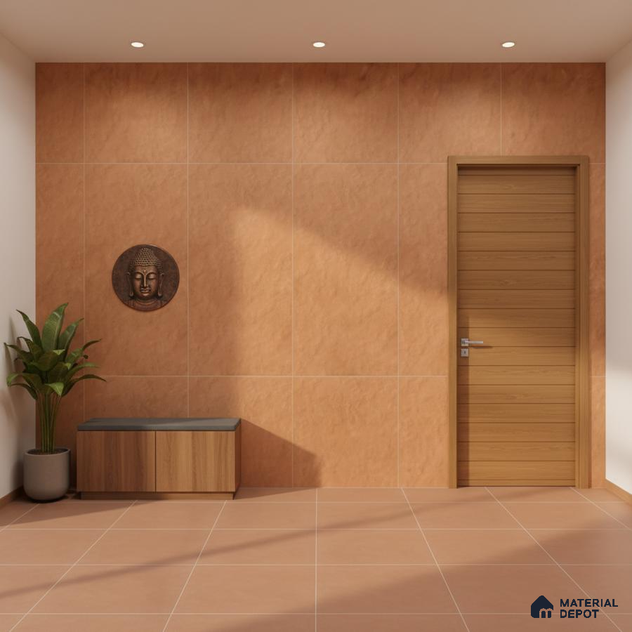Minimalist foyer with terracotta wall tiles, terracotta floor tiles, and light oak wood door