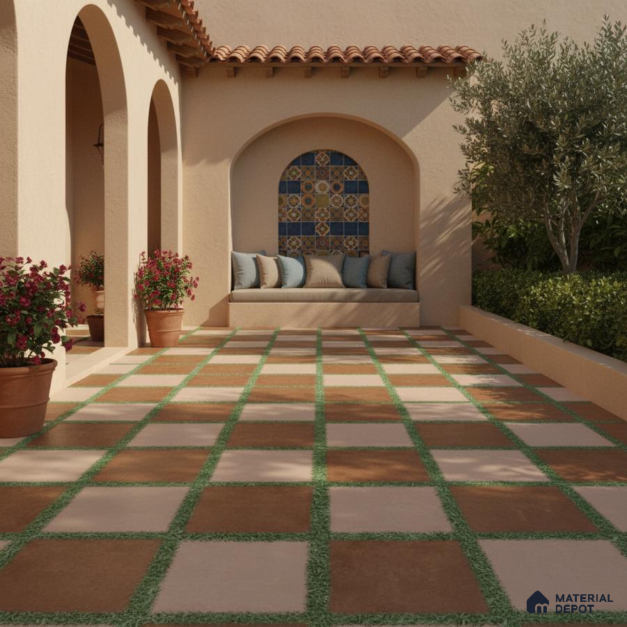 Mediterranean outdoor patio with terracotta and beige floor tiles and patterned ceramic accent wall tiles