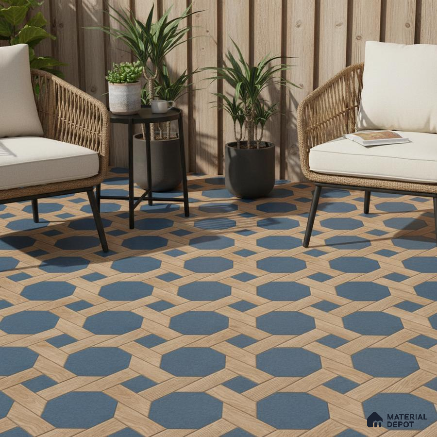 Scandinavian outdoor seating with blue geometric floor tiles and natural wood wall panels