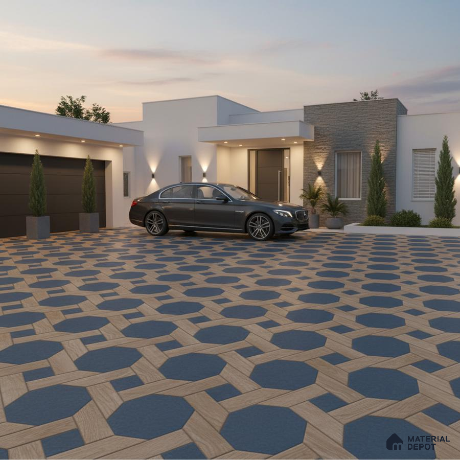 Modern parking with geometric blue and wood-look floor tiles in octagonal pattern