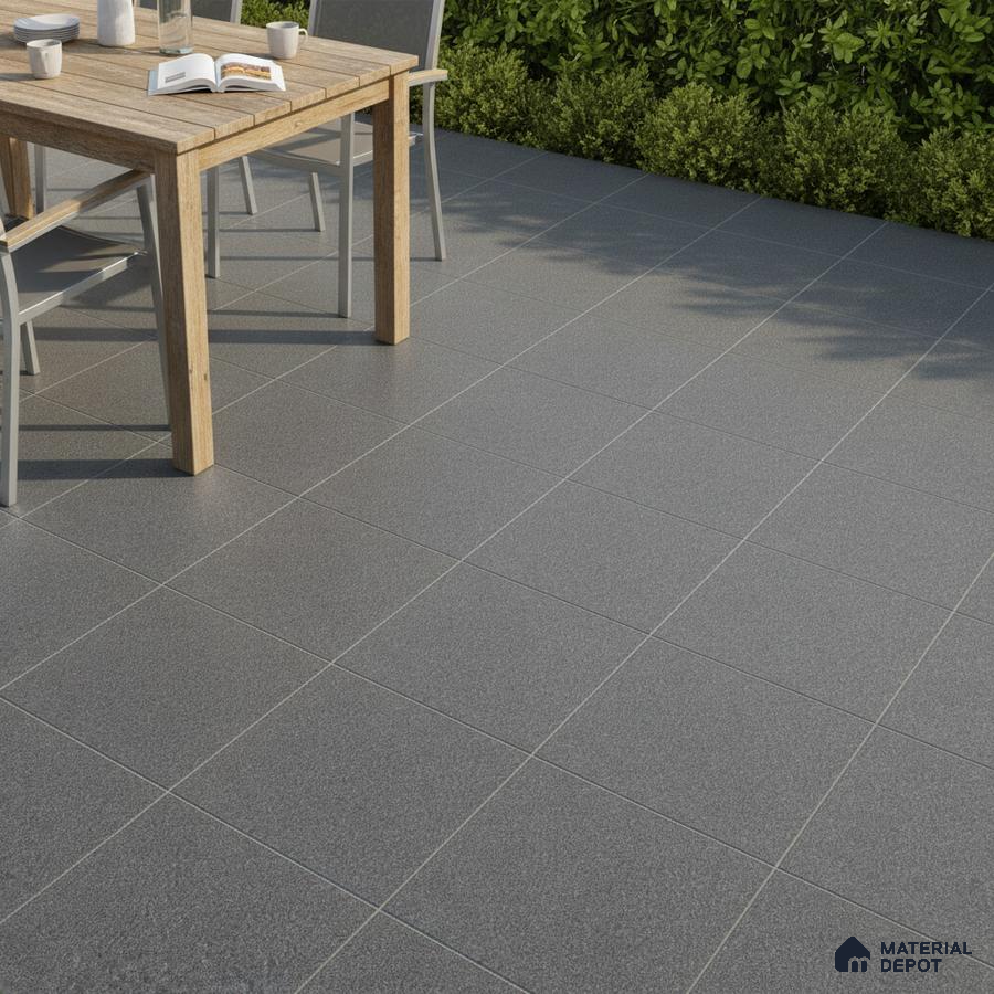 Minimalist outdoor space with grey matte floor tiles and natural wood dining table