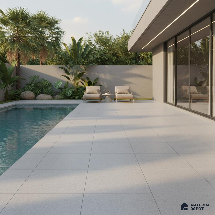 Modern outdoor poolside with large format light grey matte floor tiles and minimalist landscaping