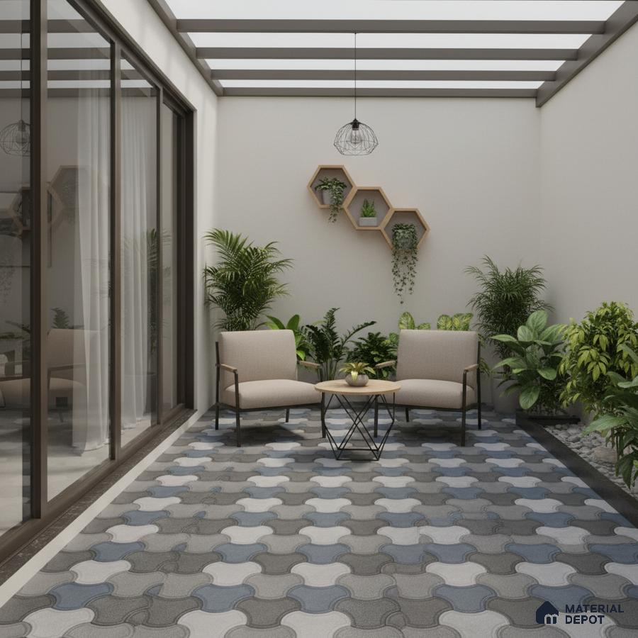 Modern outdoor patio with geometric interlocking paver tiles and neutral seating