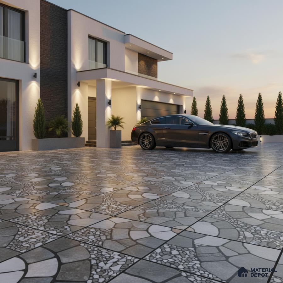Modern parking with geometric patterned outdoor tiles and stone cladding accents
