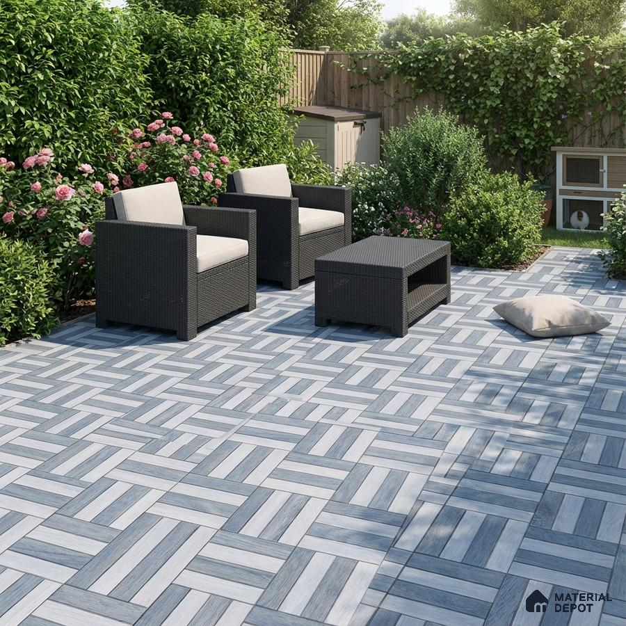Modern outdoor seating with grey wood-look geometric floor tiles
