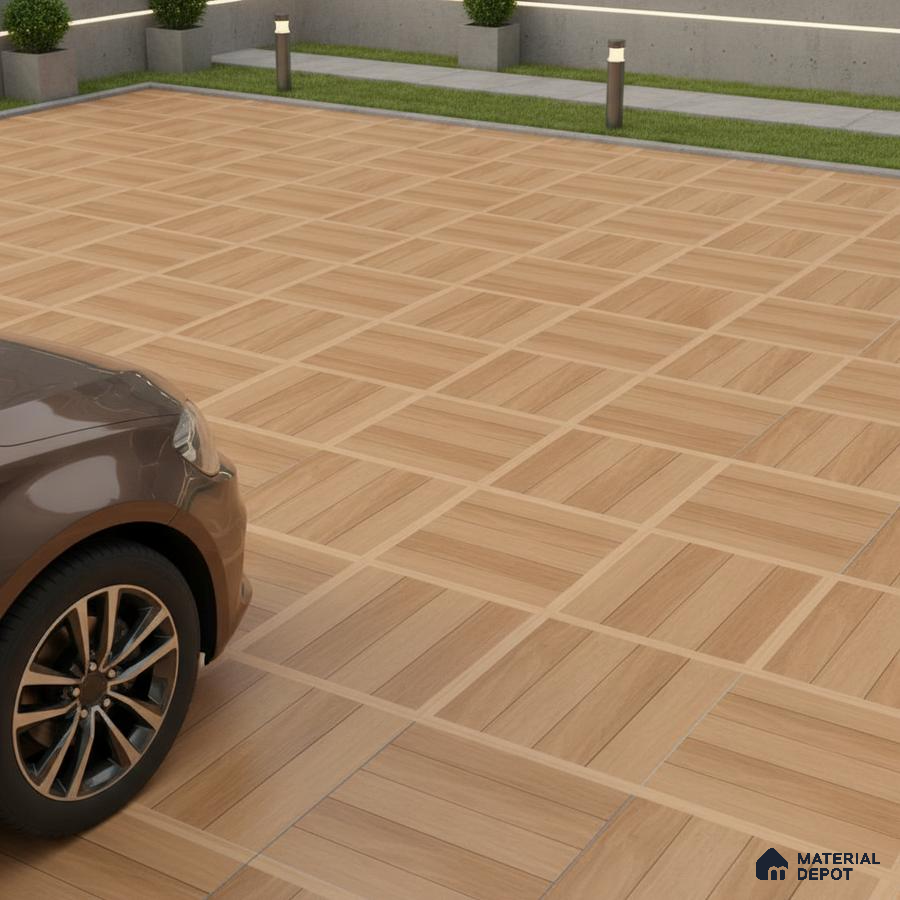 Modern parking area with light oak wood-look floor tiles in geometric pattern
