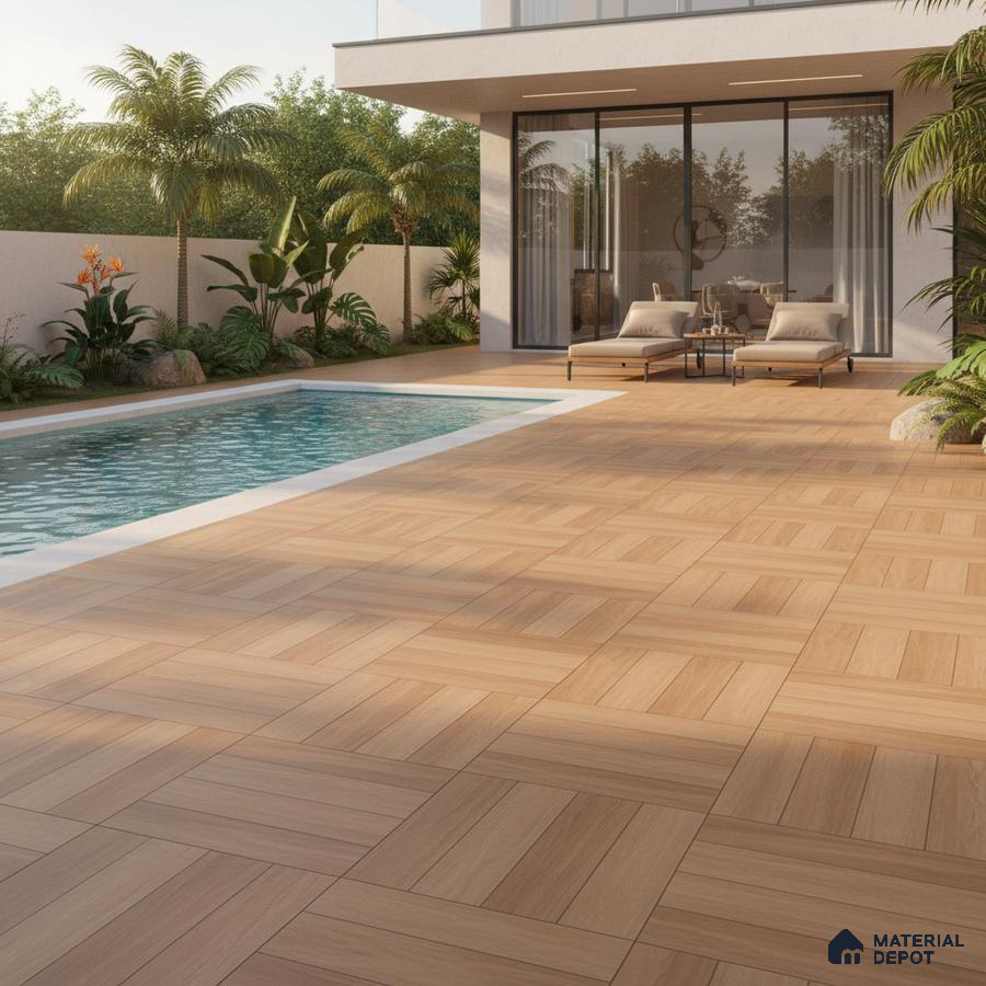 Modern outdoor poolside with light oak wood-look floor tiles