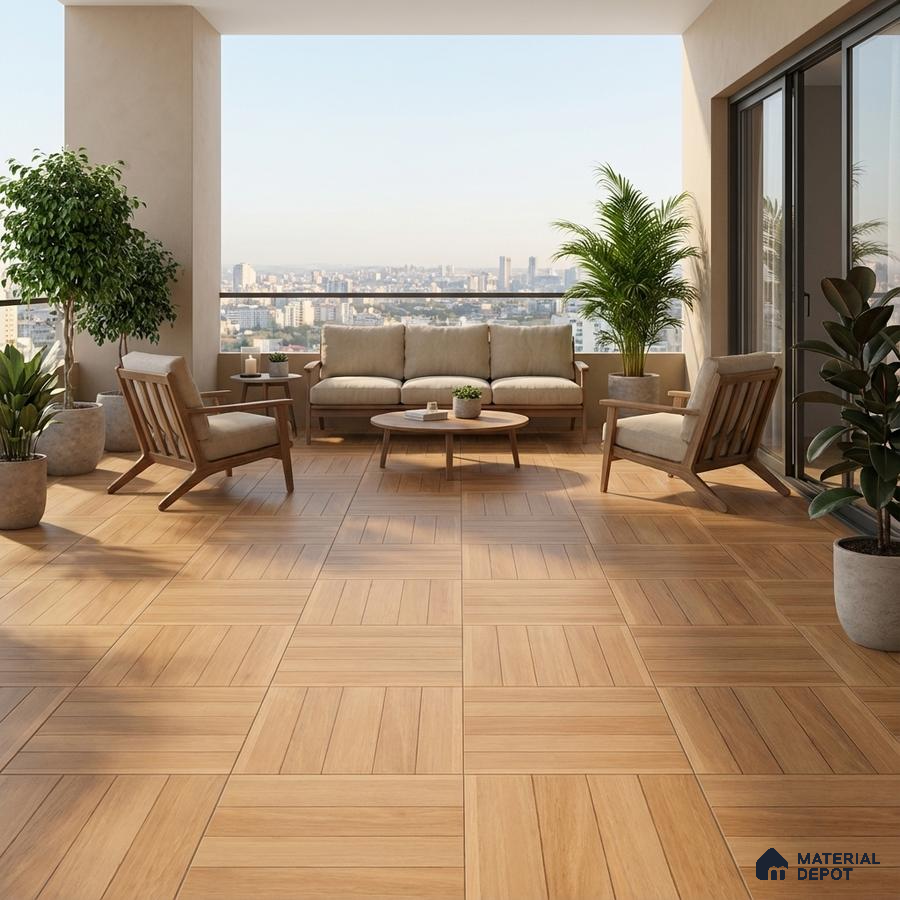 Scandinavian balcony with light oak wood-look floor tiles and wooden outdoor furniture