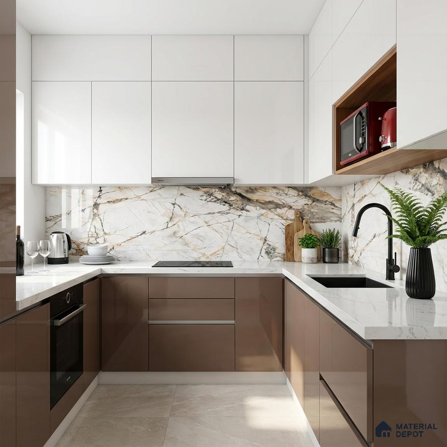 Modern kitchen with glossy taupe laminate, white marble-look backsplash, and white quartz countertop