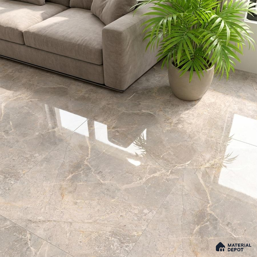 Modern living room with polished grey marble floor tiles and taupe fabric sofa