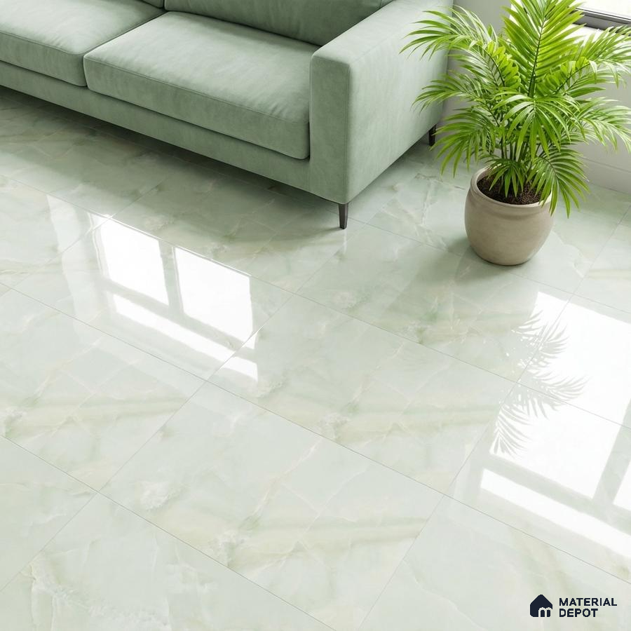 Modern living room with mint green marble-look floor tiles and pastel green sofa