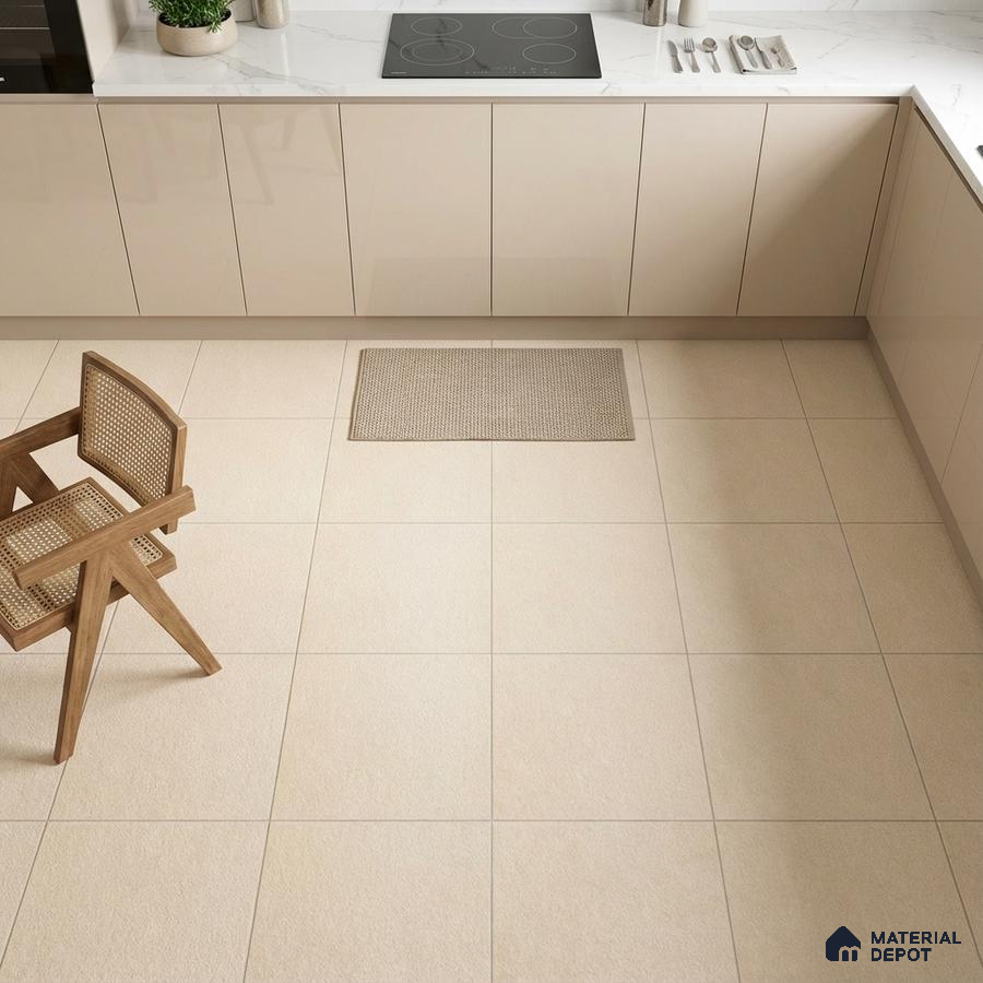 Minimalist kitchen with beige high gloss laminate cabinets and cream matte floor tiles