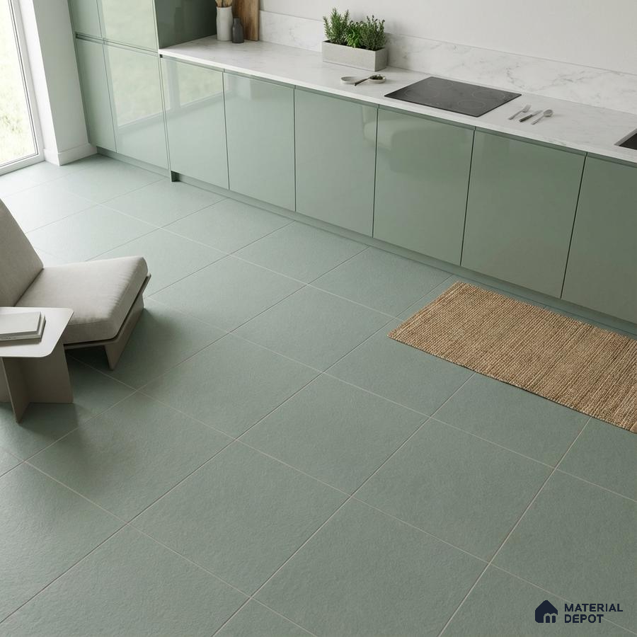 Minimalist kitchen with sage green high gloss laminate cabinets and matte sage green floor tiles