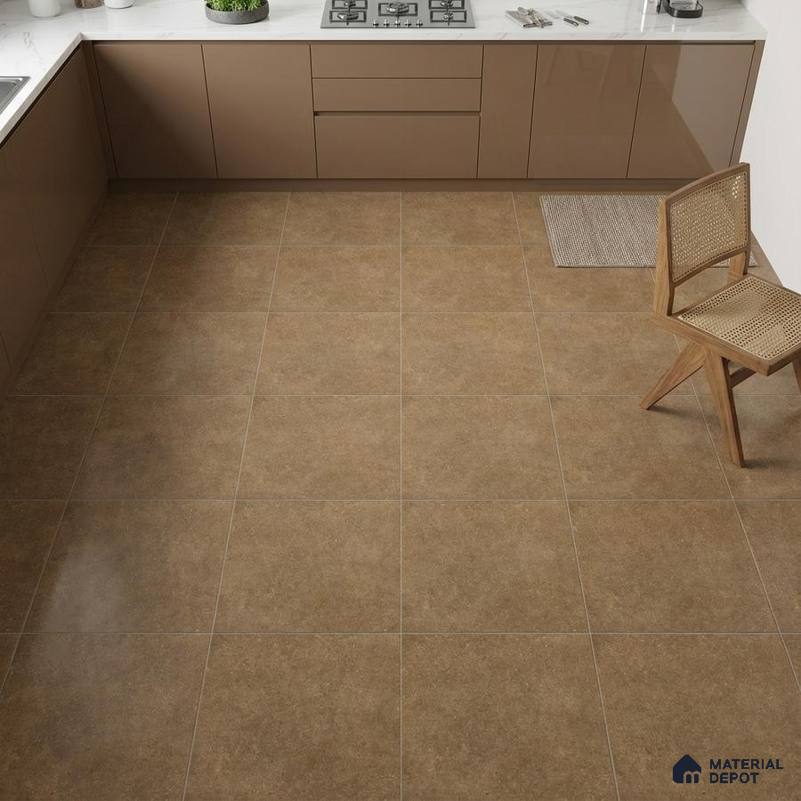 Modern kitchen with taupe brown laminate cabinets and matte brown stone-look floor tiles