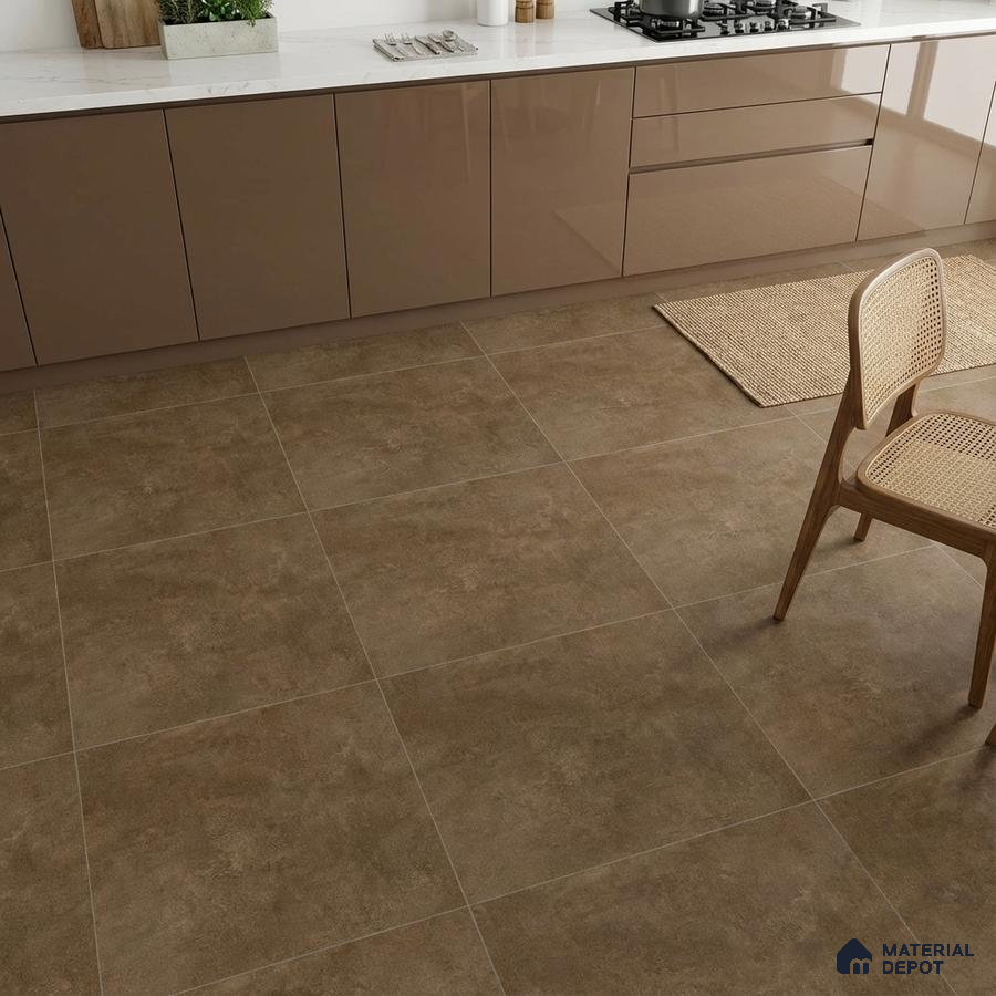 Modern kitchen with glossy taupe laminate cabinets, white marble countertop, and matte brown stone floor tiles