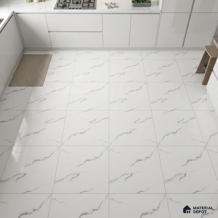 Modern kitchen with frosty white laminate cabinets and white marble-look floor tiles