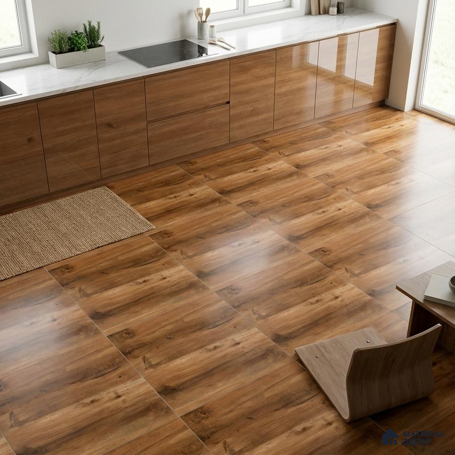 Modern kitchen with walnut wood laminate cabinets and wood-look floor tiles