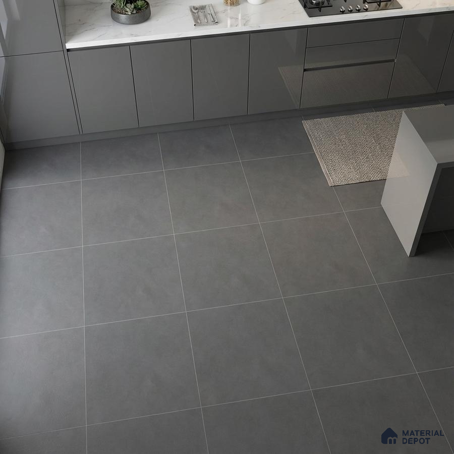 Modern kitchen with glossy grey laminate cabinets, white marble-look countertop, and matte grey floor tiles