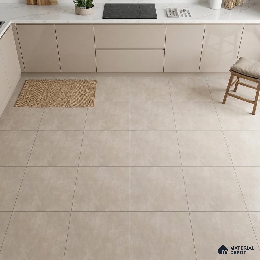 Modern kitchen with beige high gloss laminate cabinets and matte beige floor tiles