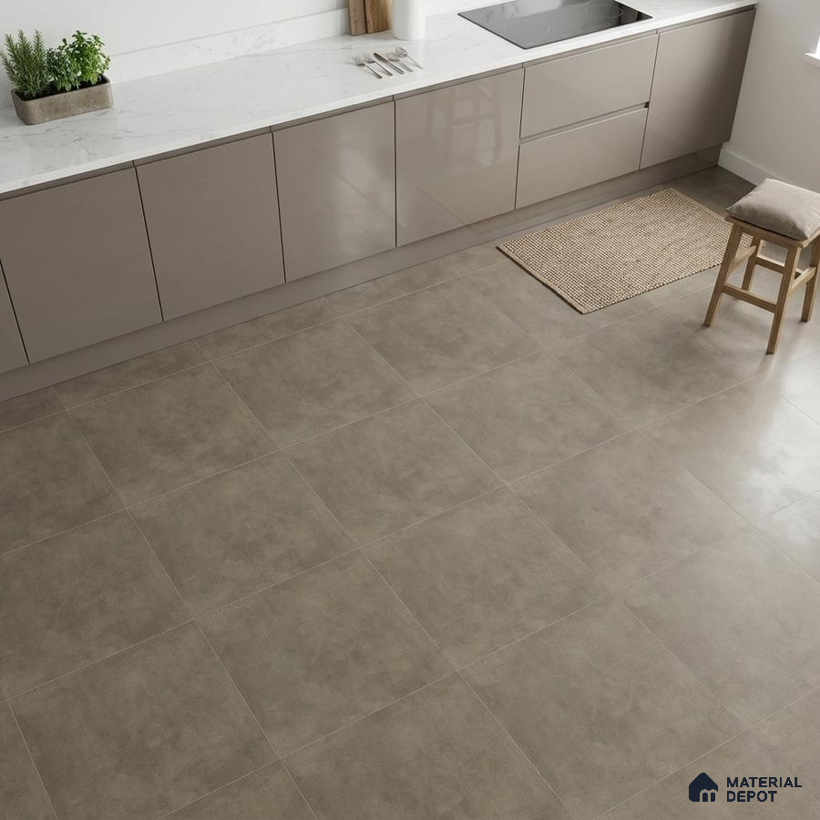 Modern kitchen with glossy taupe laminate cabinets, white marble countertop, and matte beige stone-look floor tiles