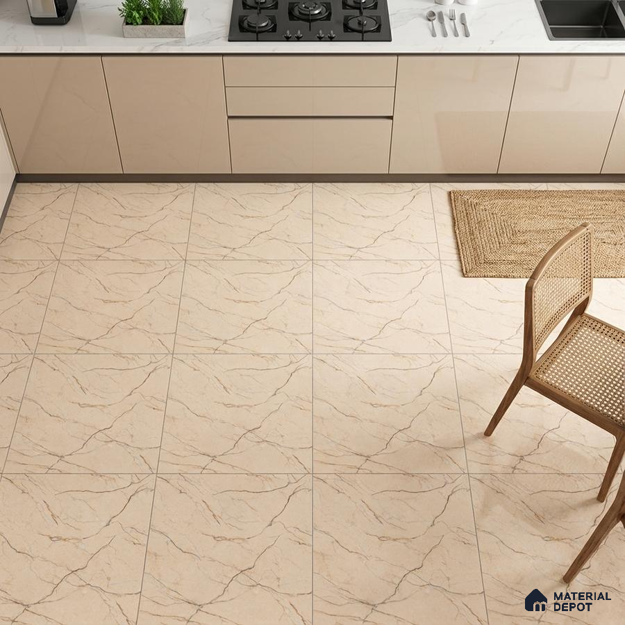 Modern kitchen with beige marble-look floor tiles and glossy cream laminate cabinets