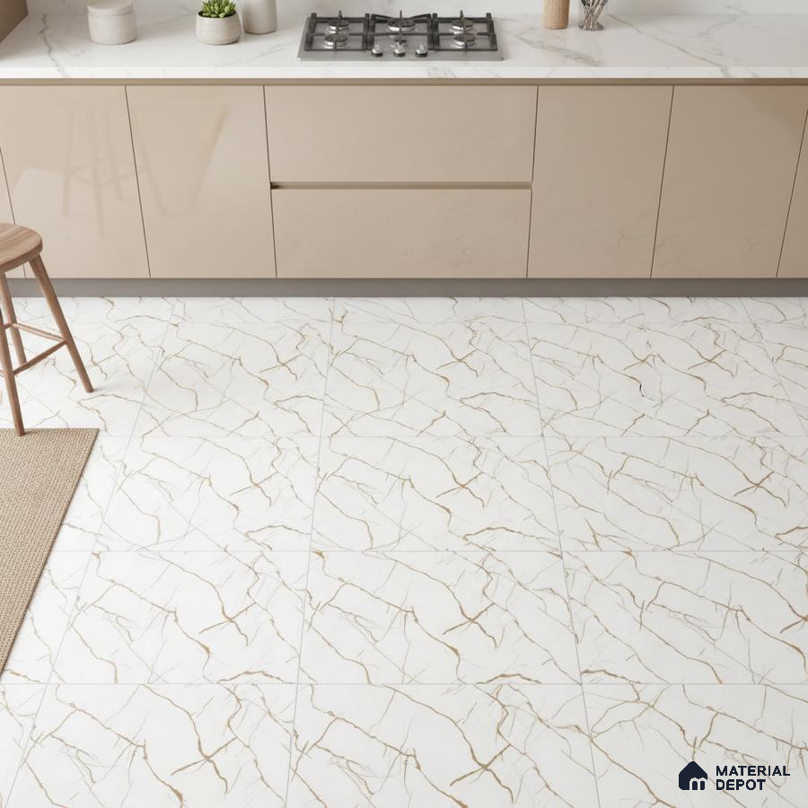 Modern kitchen with beige high gloss laminate cabinets and white marble-look floor tiles