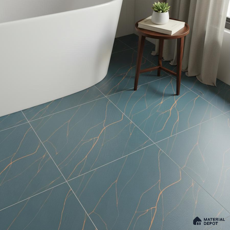 Modern bathroom with teal marble-look floor tiles and freestanding tub