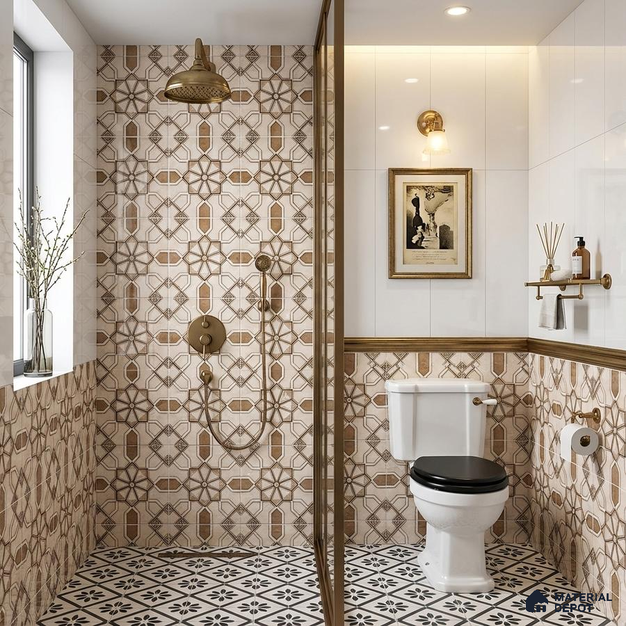 Modern kitchen with beige laminate cabinets, white quartz countertop, and geometric Moroccan backsplash tiles