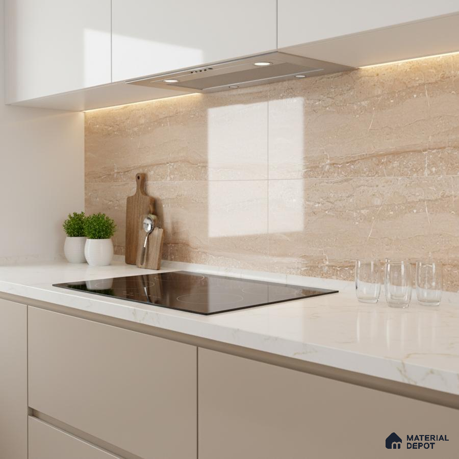 Modern kitchen with beige marble-look backsplash tile and white marble quartz countertop